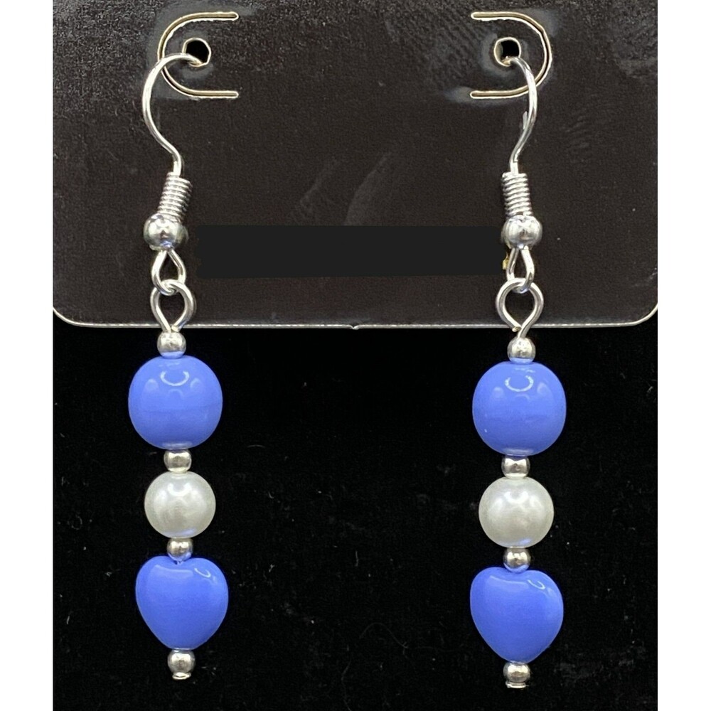 Handmade Blue Glass Heart Faux Pearl & Blue Glass Bead Earrings by Neanie-Bot